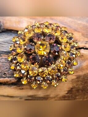 Vintage Austrian Crystal Brooch Gold Tone Metal Domed Prong Set 1¾" Diameter